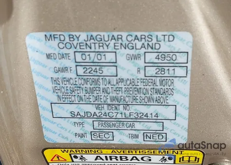 2001 Jaguar Xj8 Vanden Plas из США, поврежденный, VIN SAJDA24C71LF32414